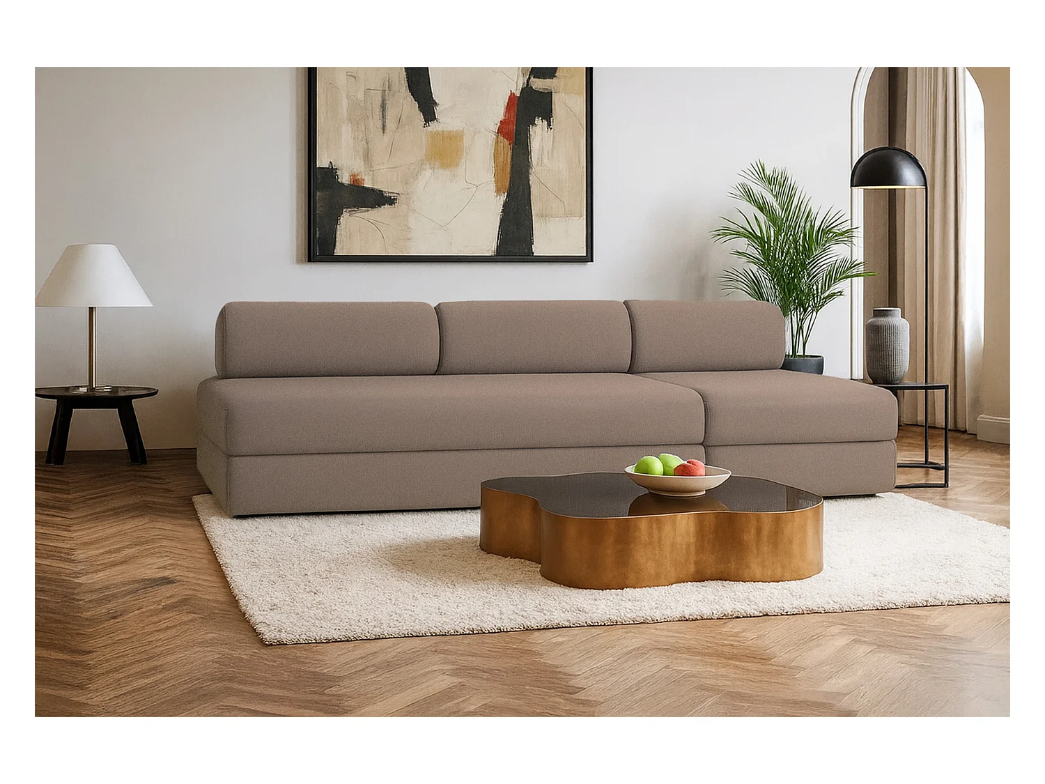 Canapé droit modulable et convertible 4 places - Tissu lisse - Marron