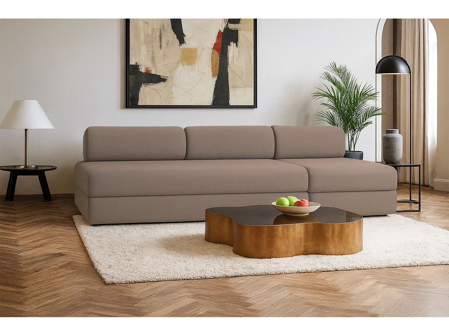 Canapé droit modulable et convertible 4 places - Tissu lisse - Marron