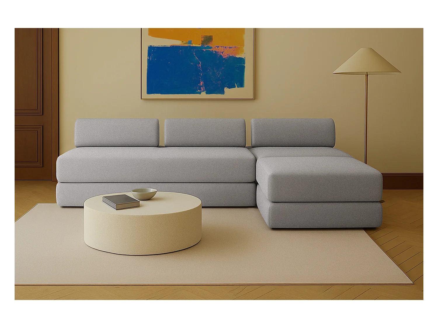 Canapé d'angle modulable et convertible 6 places - Tissu lisse - Gris clair