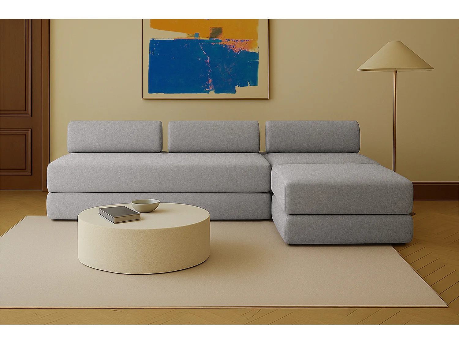 Canapé d'angle modulable et convertible 6 places - Tissu lisse - Gris clair