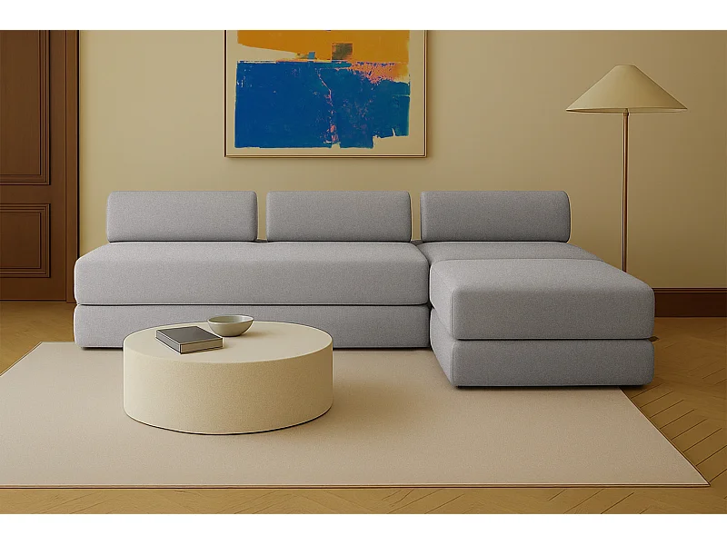 Canapé d'angle modulable et convertible 6 places - Tissu lisse - Gris clair