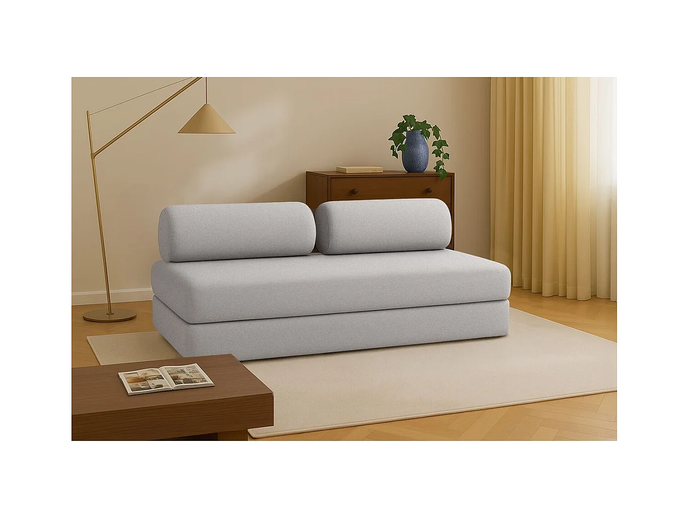 Canapé droit modulable et convertible 3 places - Tissu lisse - Gris clair