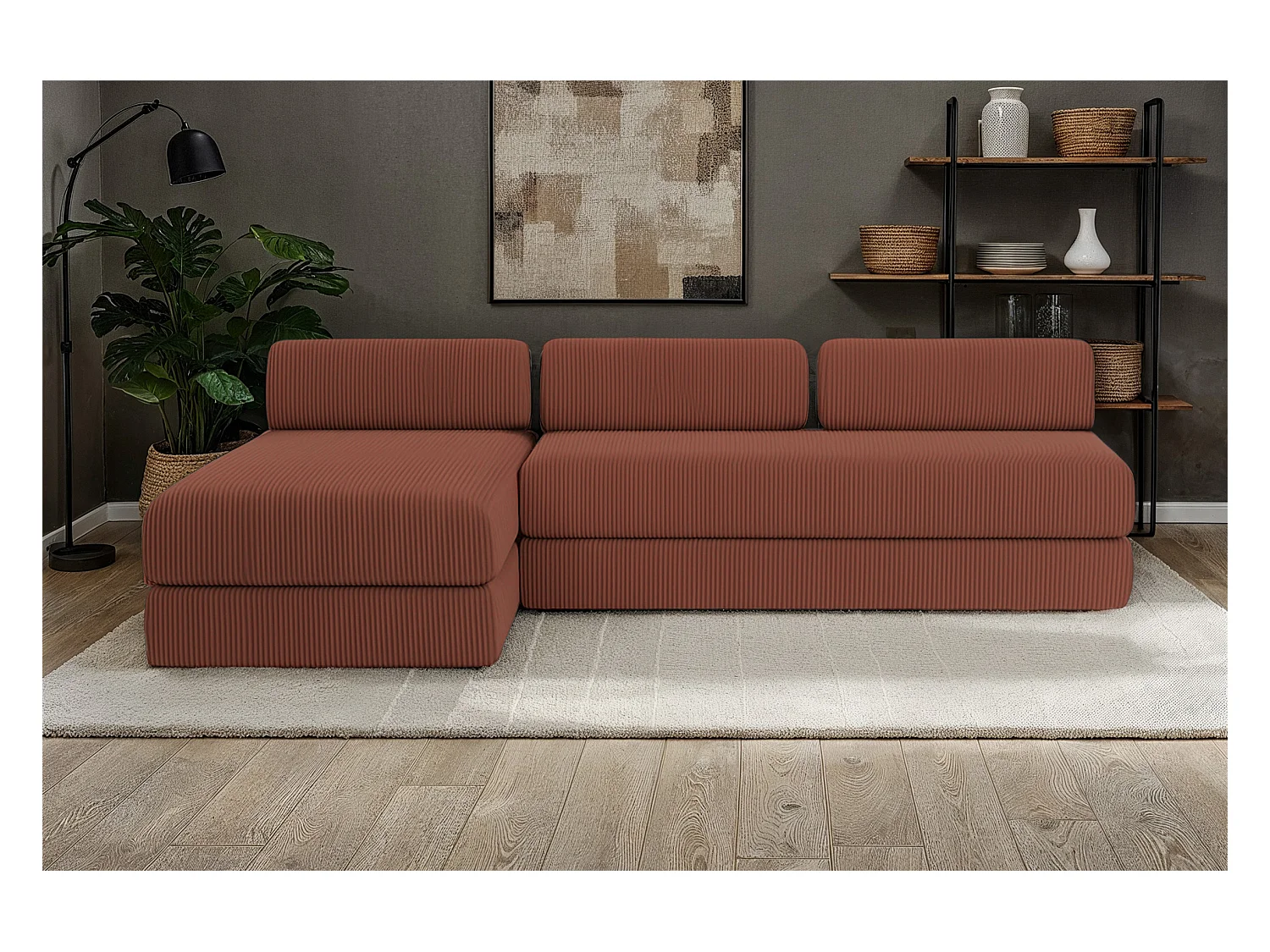 Canapé d'angle modulable et convertible 6 places - Velours côtelé - Terracotta