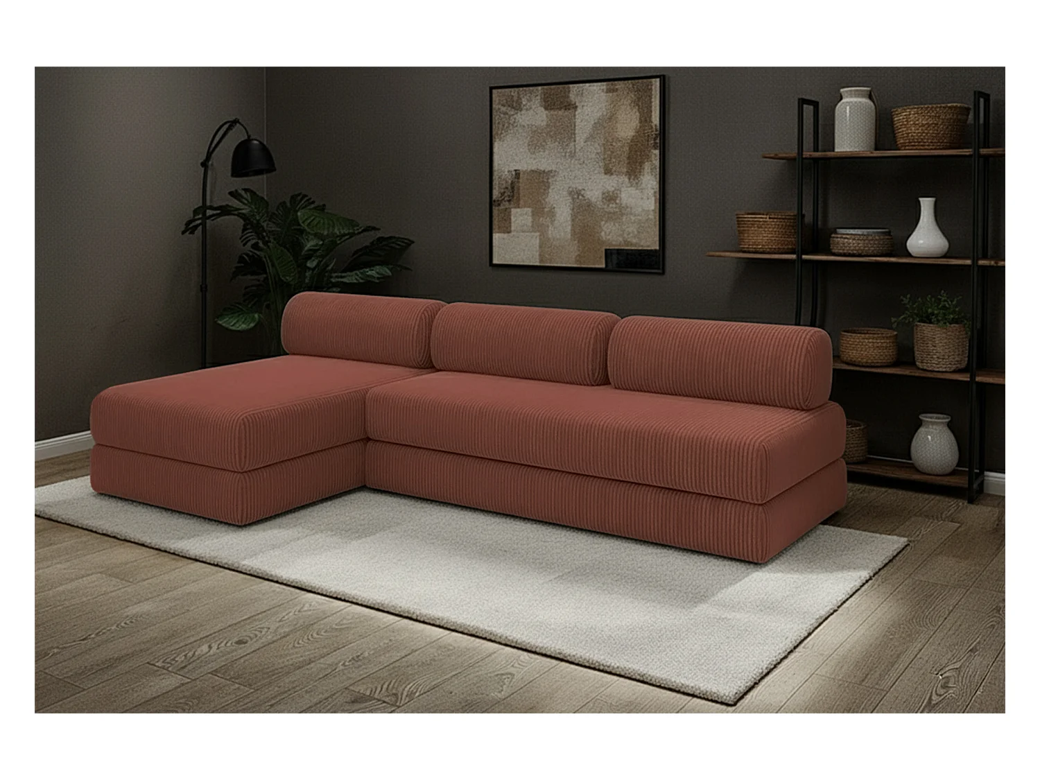 Canapé d'angle modulable et convertible 6 places - Velours côtelé - Terracotta