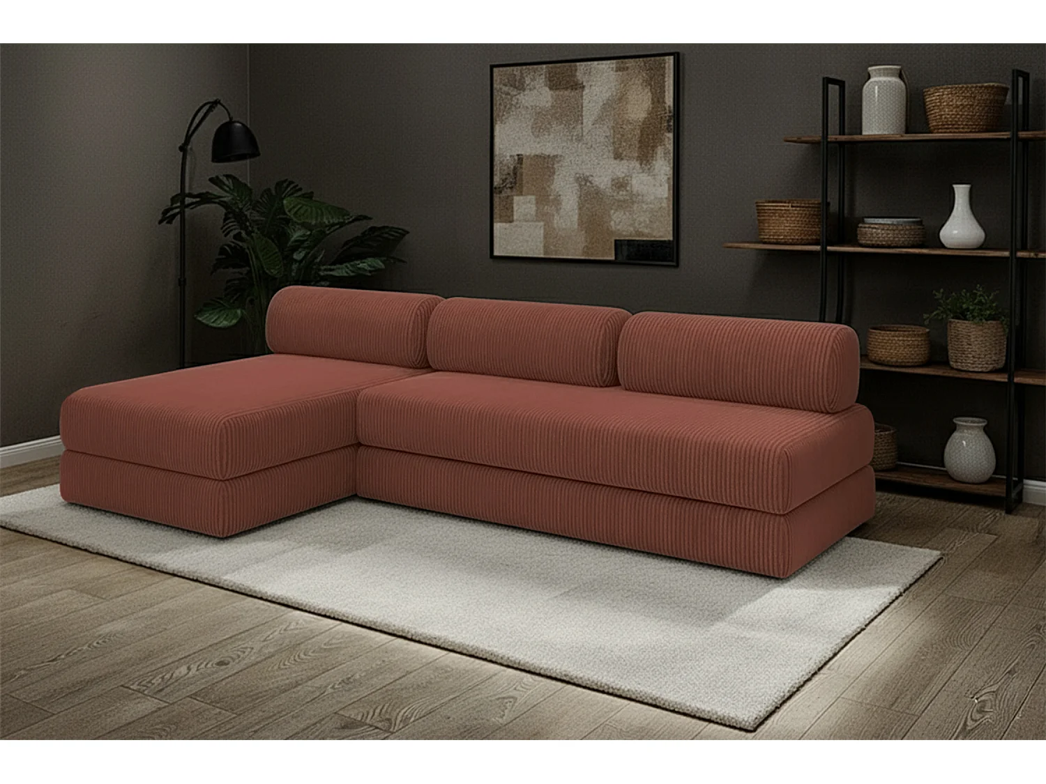 Canapé d'angle modulable et convertible 6 places - Velours côtelé - Terracotta