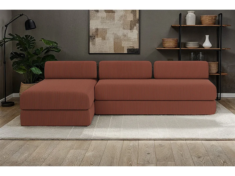 Canapé d'angle modulable et convertible 6 places - Velours côtelé - Terracotta