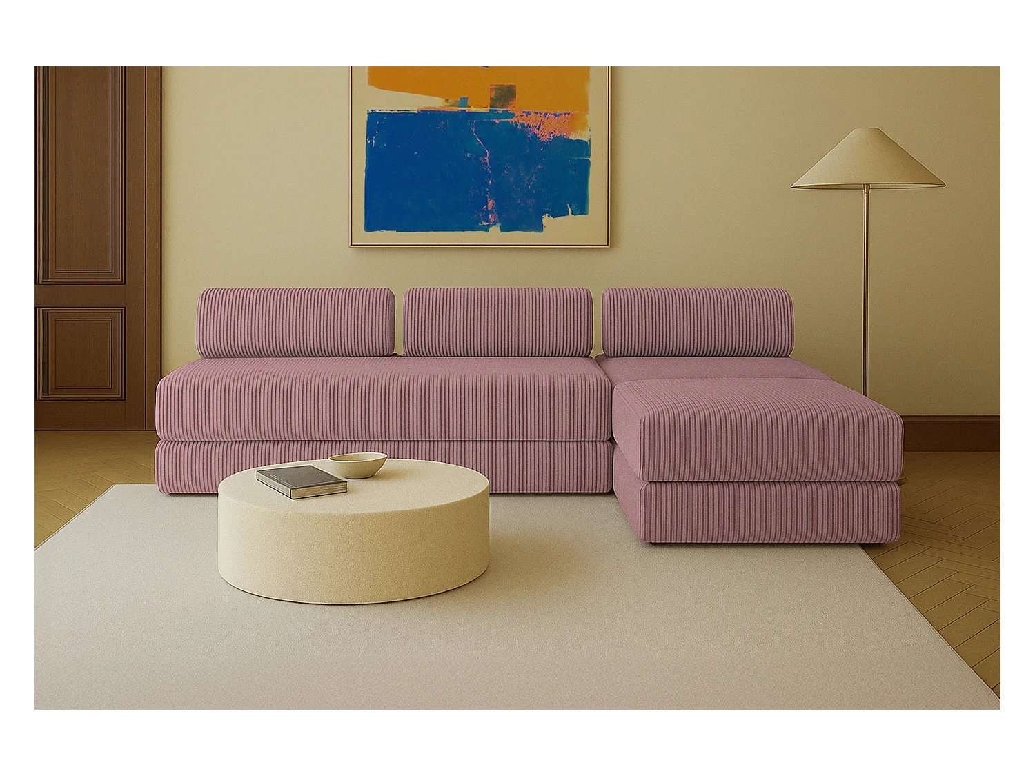 Canapé d'angle modulable et convertible 6 places - Velours côtelé XL - Rose