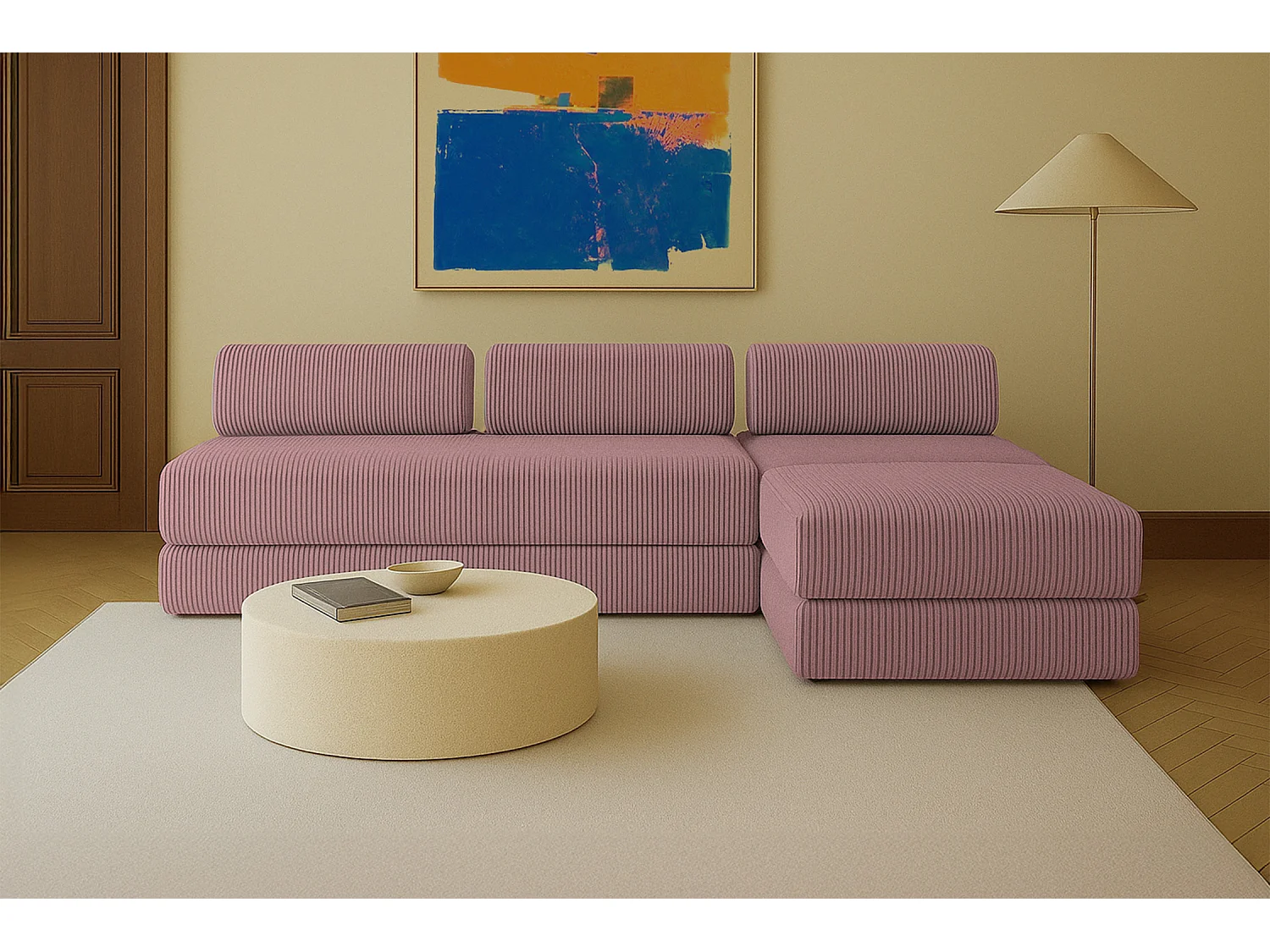 Canapé d'angle modulable et convertible 6 places - Velours côtelé XL - Rose