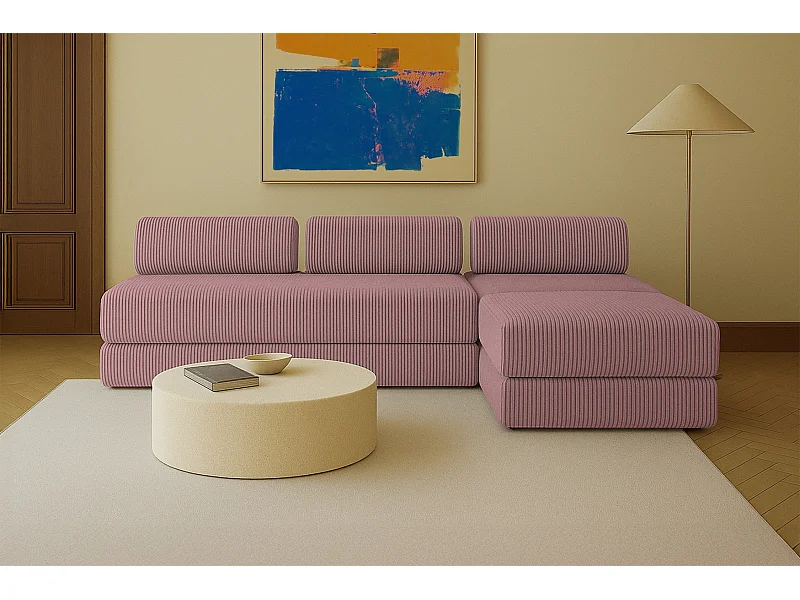 Canapé d'angle modulable et convertible 6 places - Velours côtelé XL - Rose
