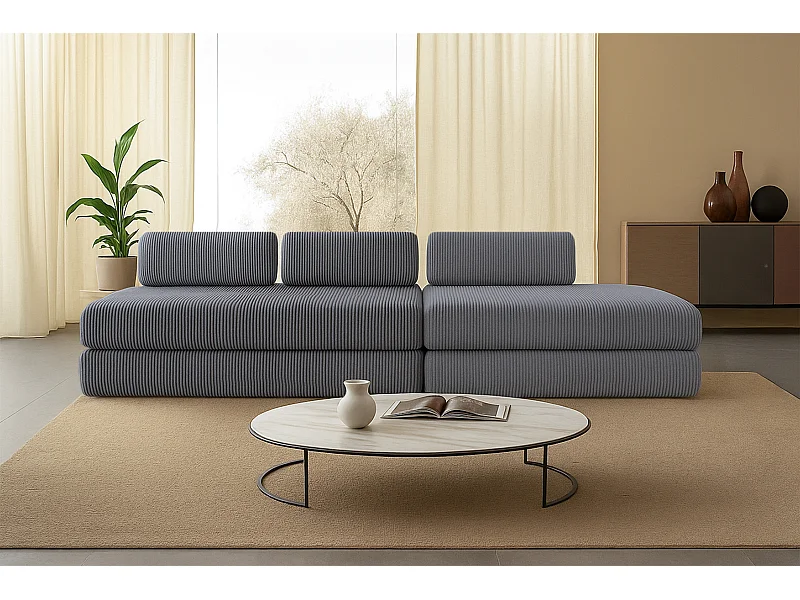 Canapé droit modulable et convertible 5 places - Velours côtelé - Gris