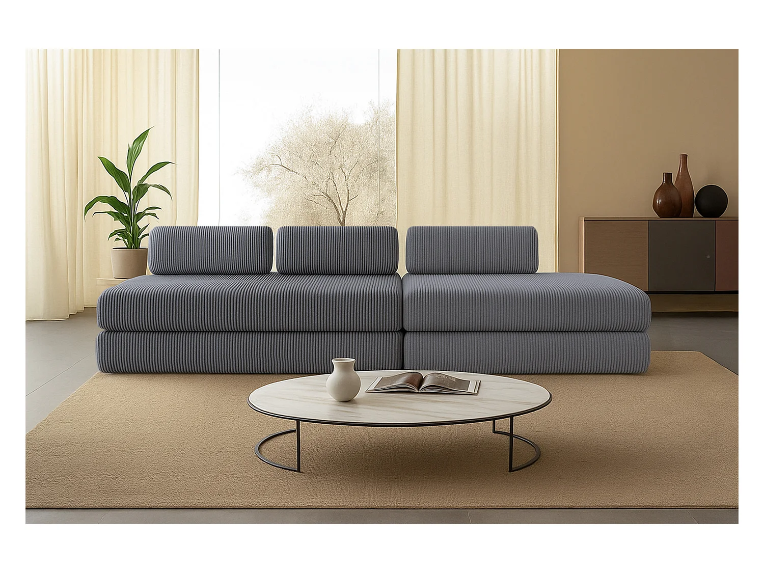 Canapé droit modulable et convertible 5 places - Velours côtelé - Gris