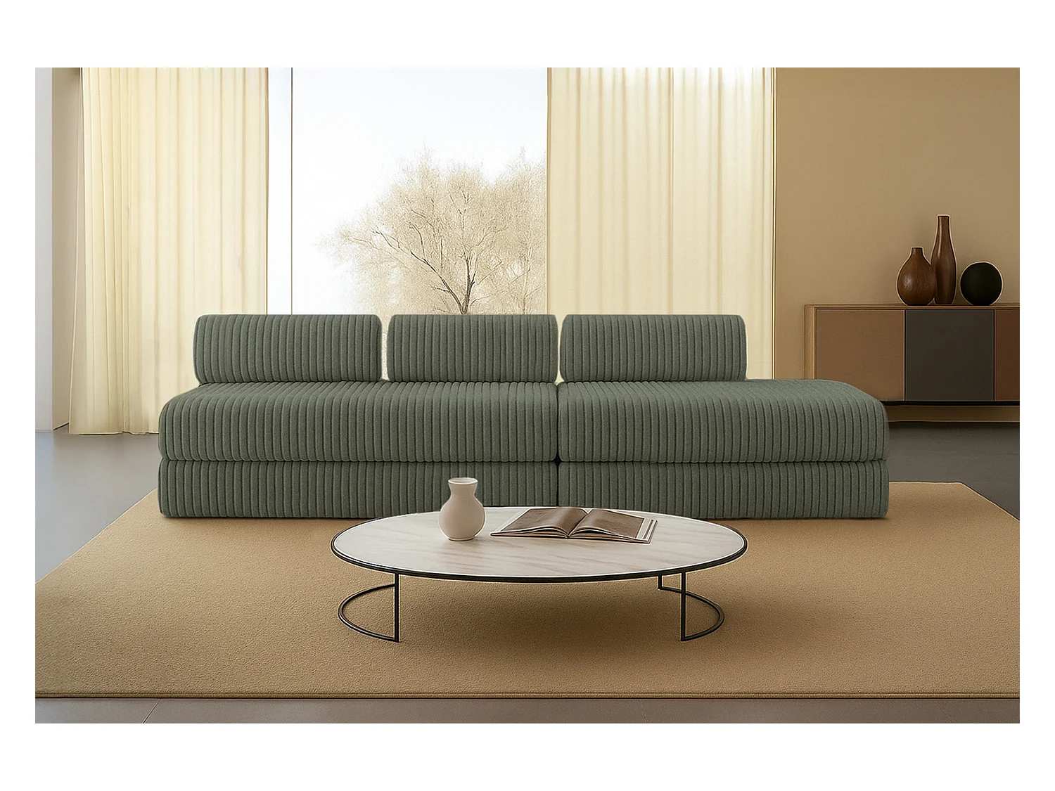 Canapé droit modulable et convertible 5 places - Velours côtelé XL - Vert