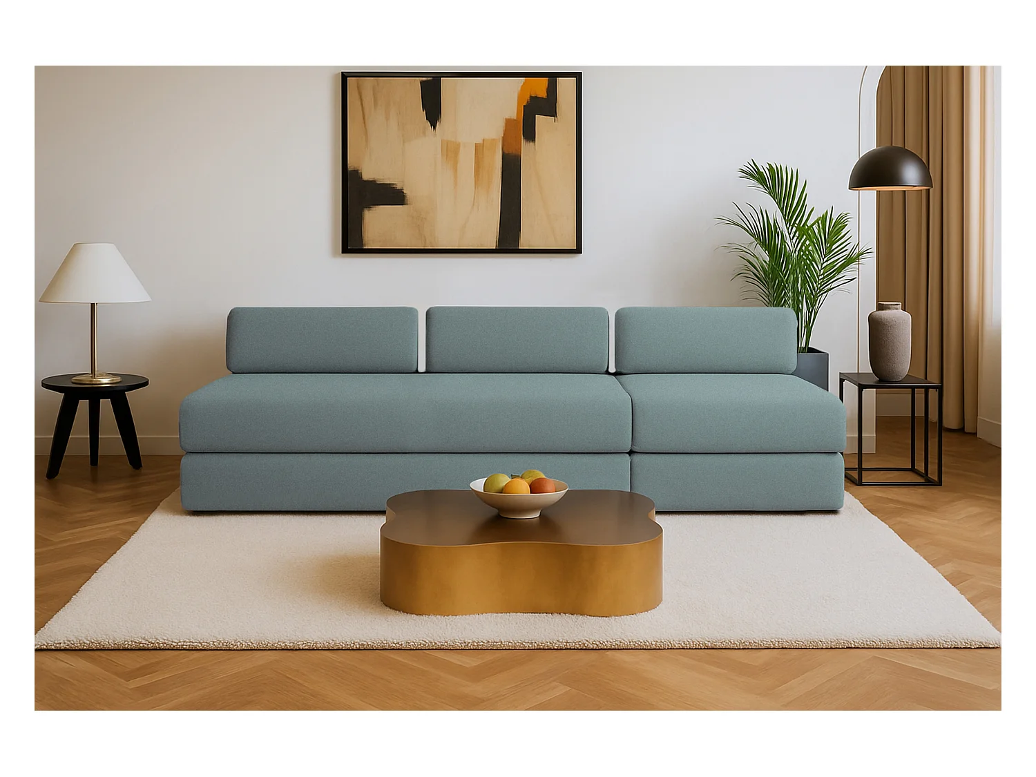 Canapé droit modulable et convertible 4 places - Tissu lisse - Bleu vert