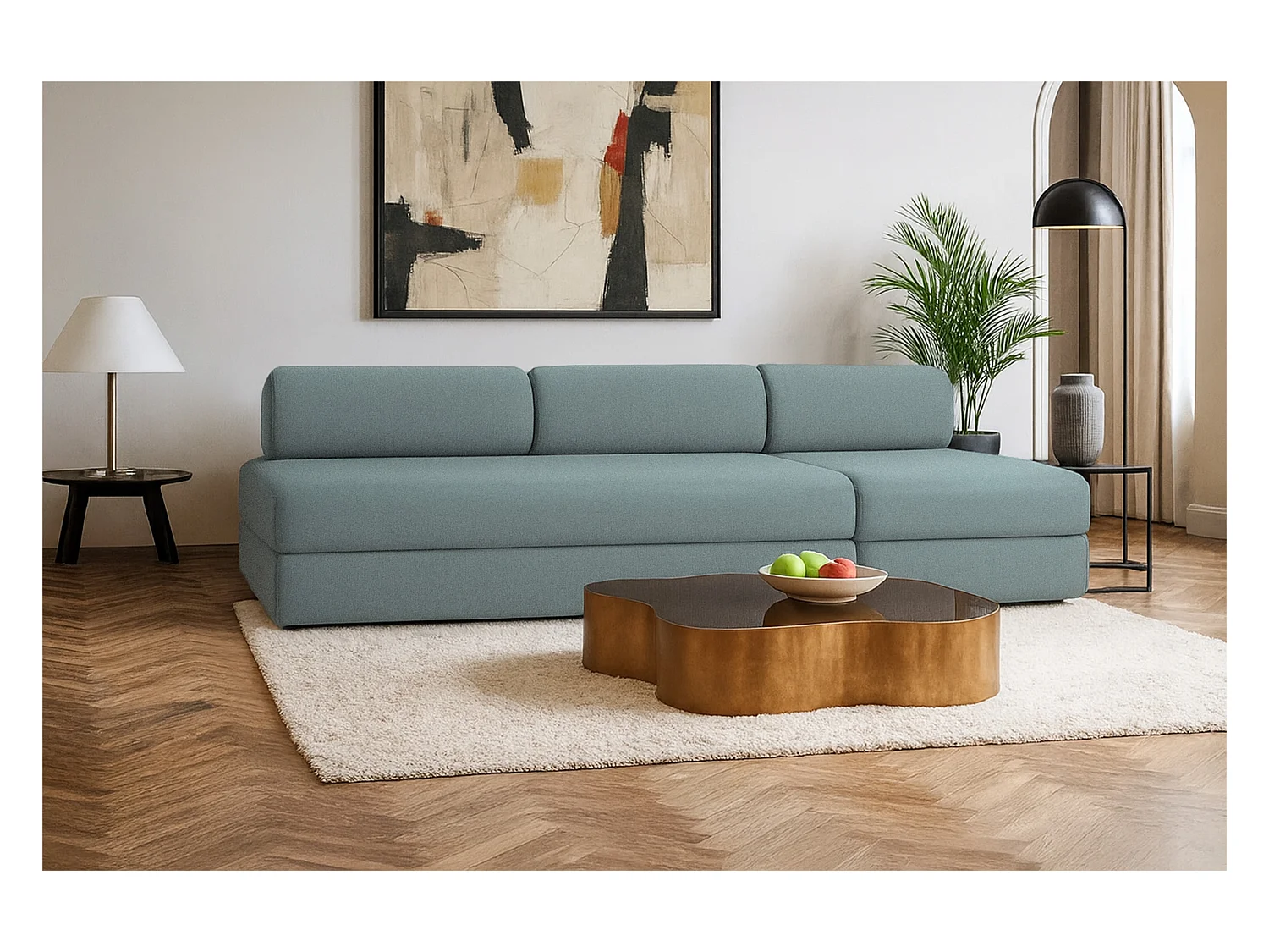 Canapé droit modulable et convertible 4 places - Tissu lisse - Bleu vert