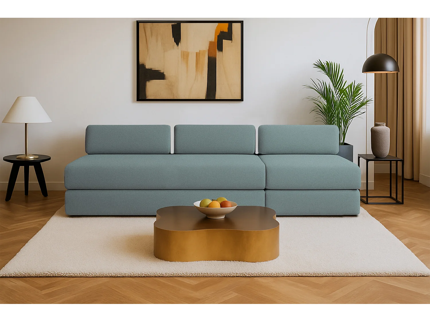 Canapé droit modulable et convertible 4 places - Tissu lisse - Bleu vert