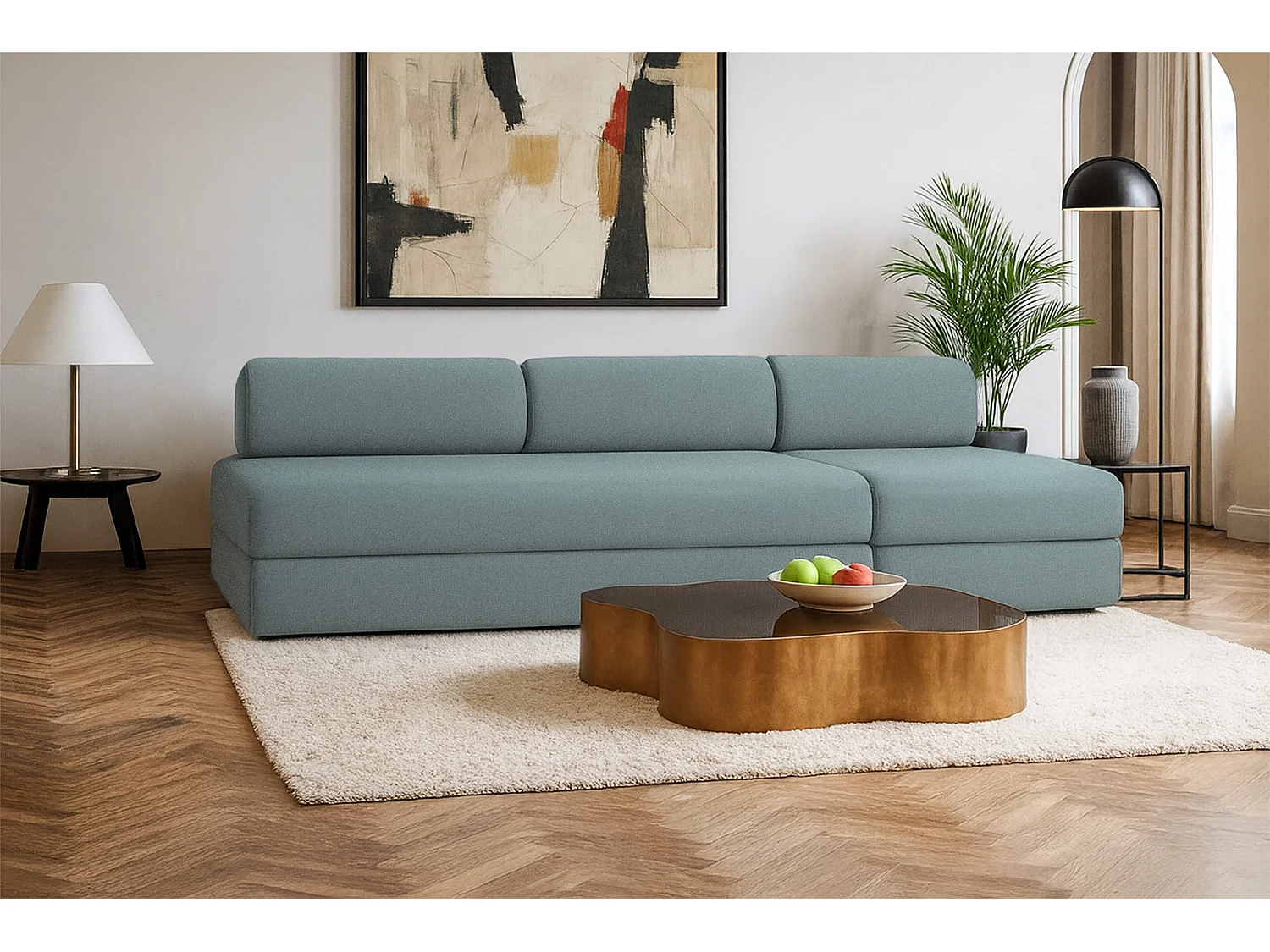 Canapé droit modulable et convertible 4 places - Tissu lisse - Bleu vert