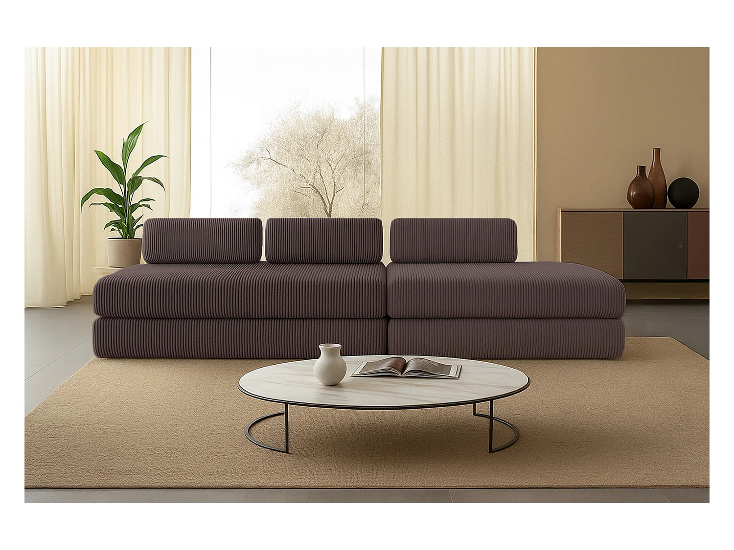 Canapé droit modulable et convertible 5 places - Velours côtelé - Marron