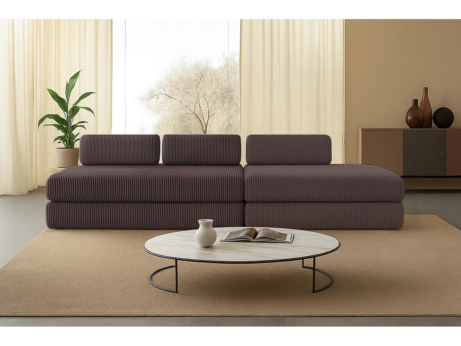 Canapé droit modulable et convertible 5 places - Velours côtelé - Marron