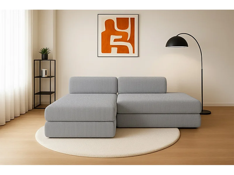 Canapé d'angle modulable et convertible 5 places - Velours côtelé XL - Gris clair