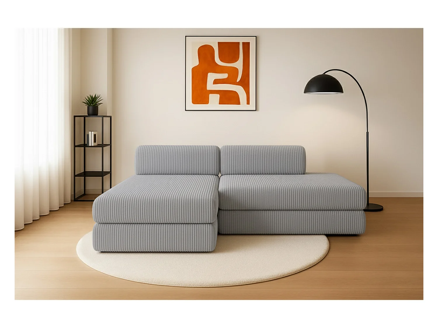 Canapé d'angle modulable et convertible 5 places - Velours côtelé XL - Gris clair