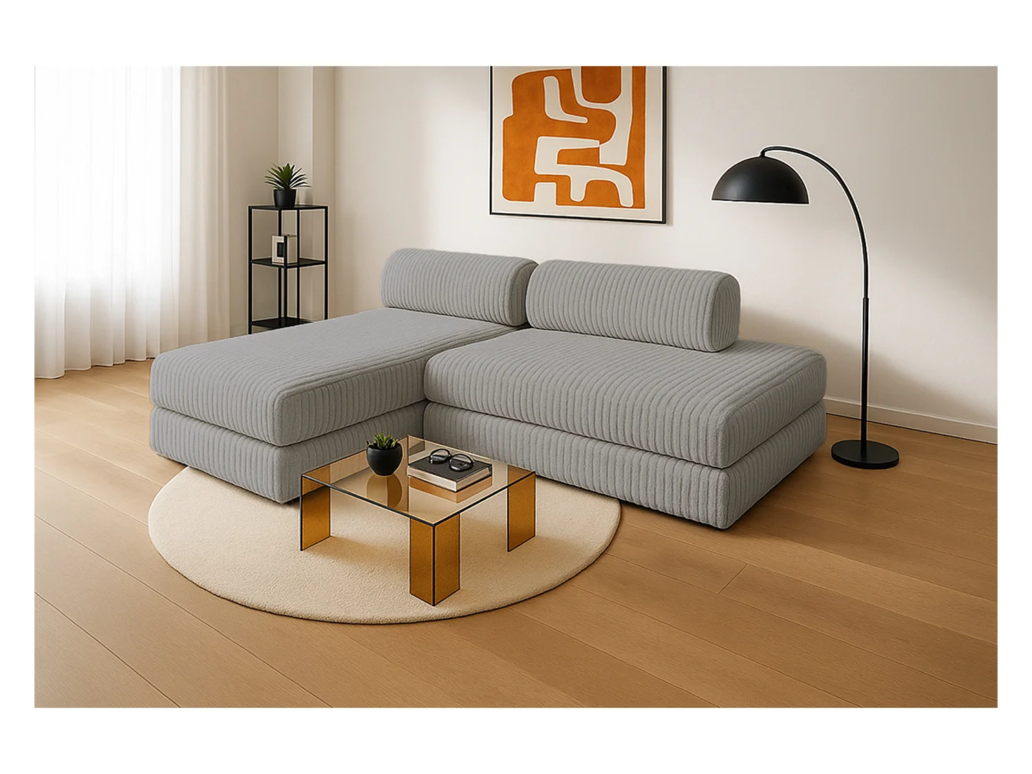 Canapé d'angle modulable et convertible 5 places - Velours côtelé XL - Gris clair