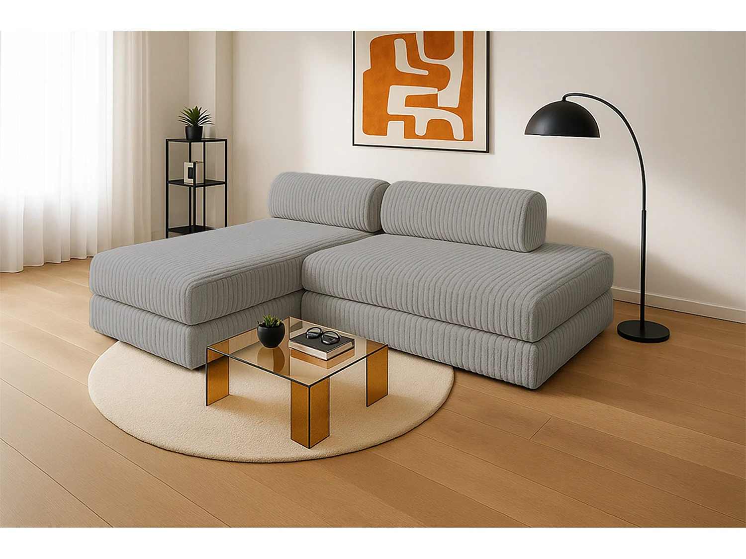 Canapé d'angle modulable et convertible 5 places - Velours côtelé XL - Gris clair