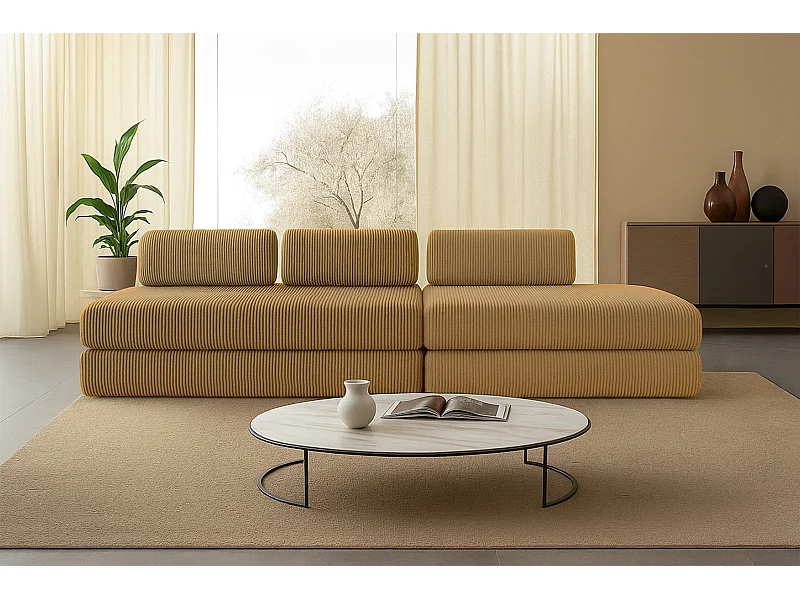 Canapé droit modulable et convertible 5 places - Velours côtelé - Jaune