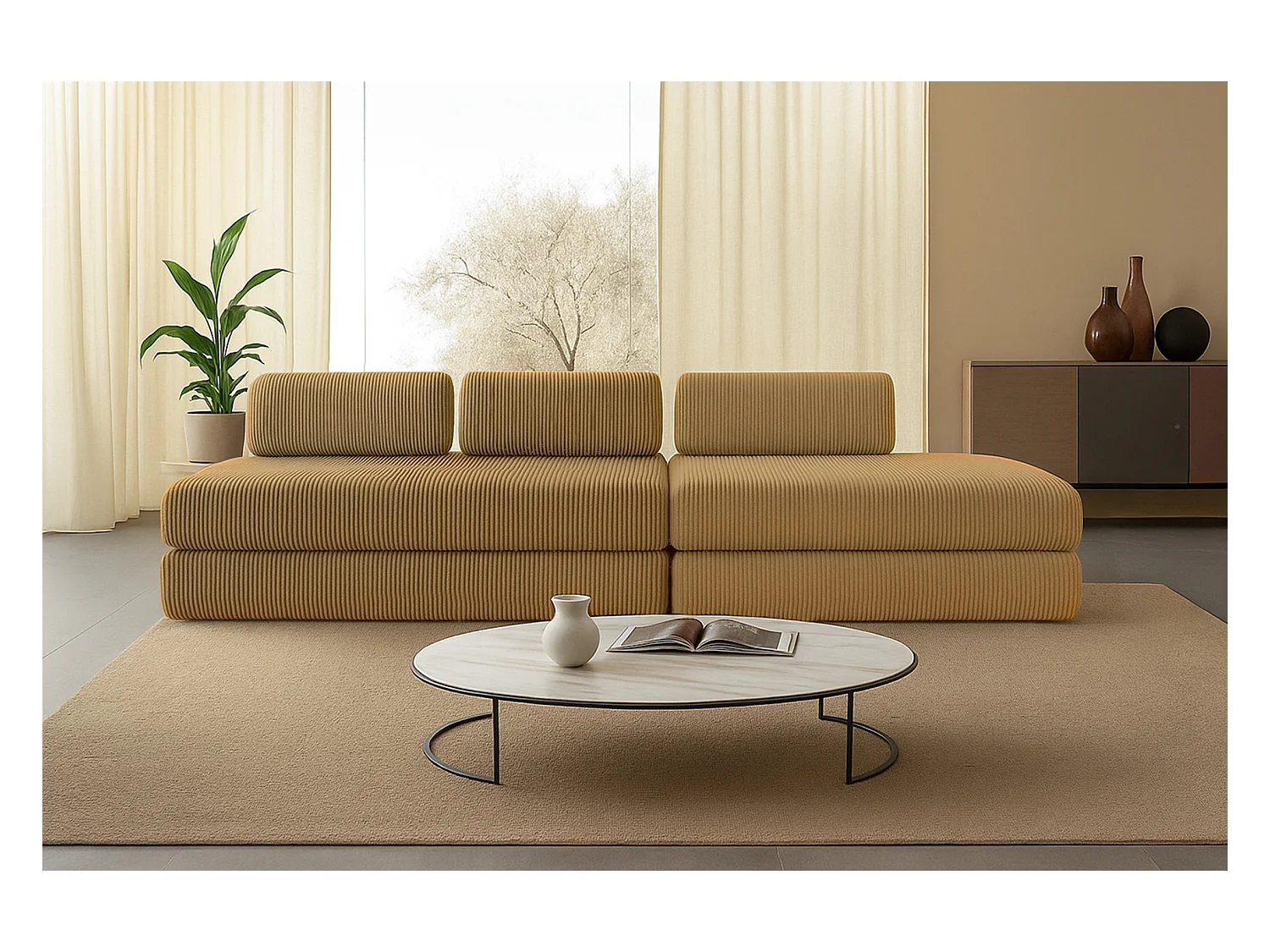 Canapé droit modulable et convertible 5 places - Velours côtelé - Jaune