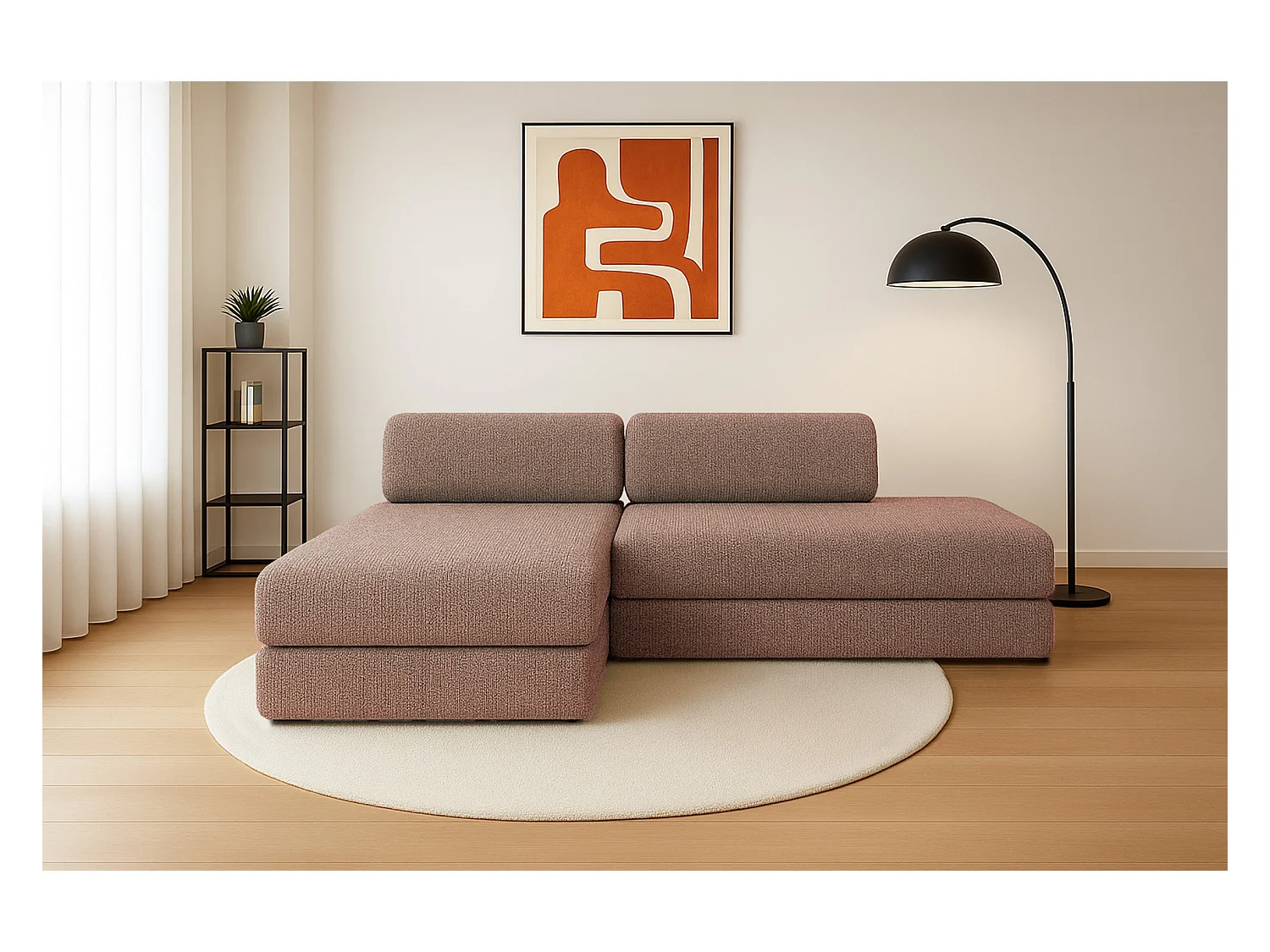 Canapé d'angle modulable et convertible 5 places - Tissu tweed - Rouge