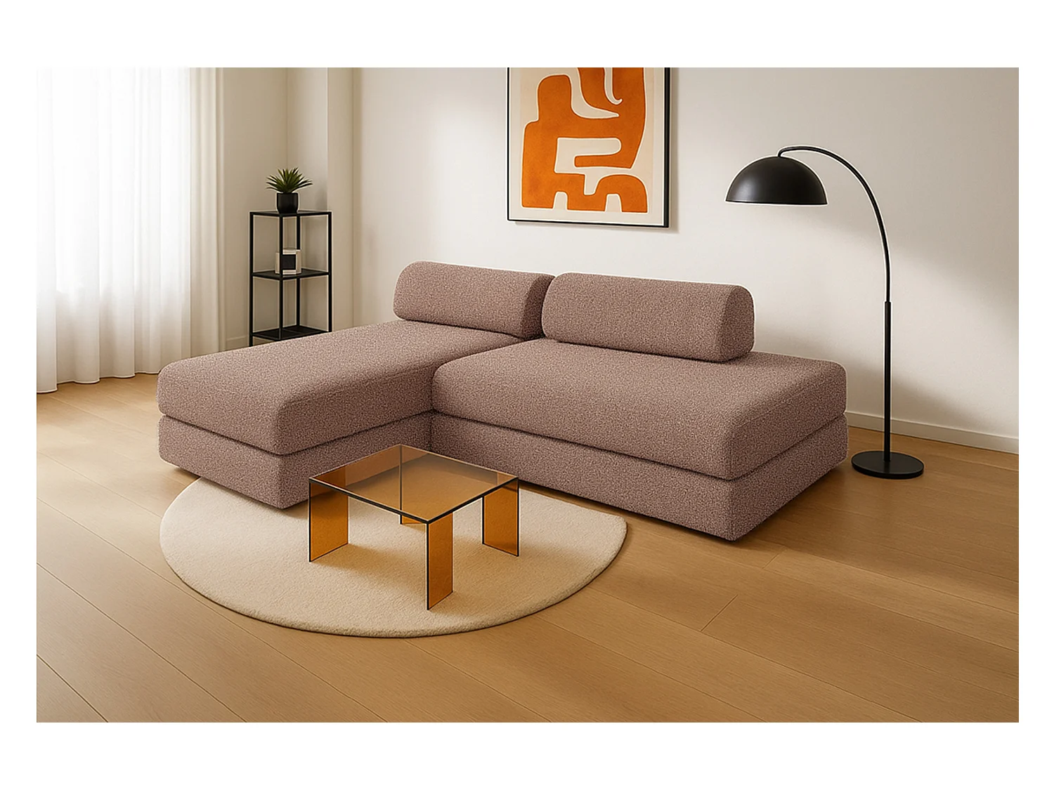 Canapé d'angle modulable et convertible 5 places - Tissu tweed - Rouge