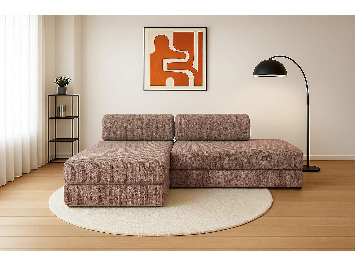 Canapé d'angle modulable et convertible 5 places - Tissu tweed - Rouge