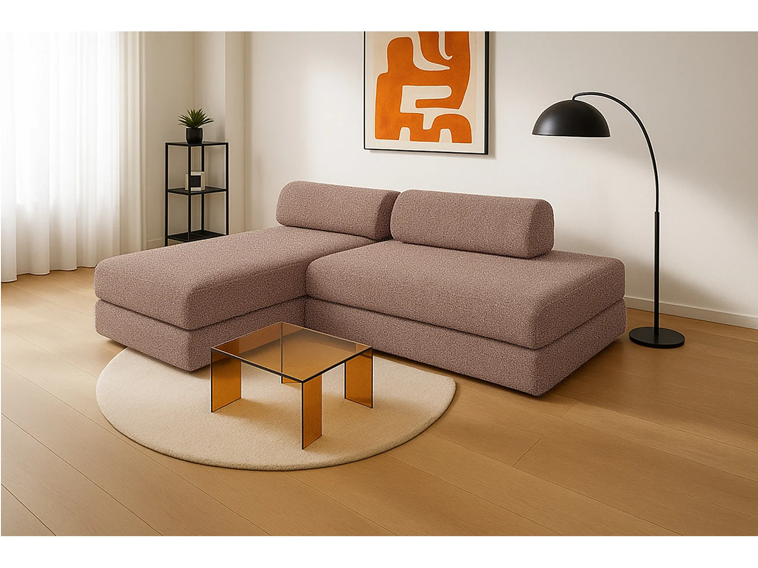 Canapé d'angle modulable et convertible 5 places - Tissu tweed - Rouge