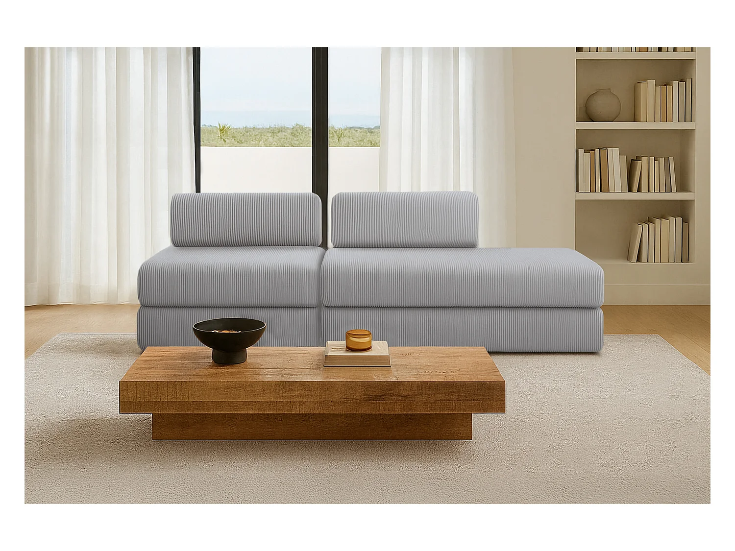 Canapé droit modulable et convertible 3 places - Velours côtelé - Gris clair