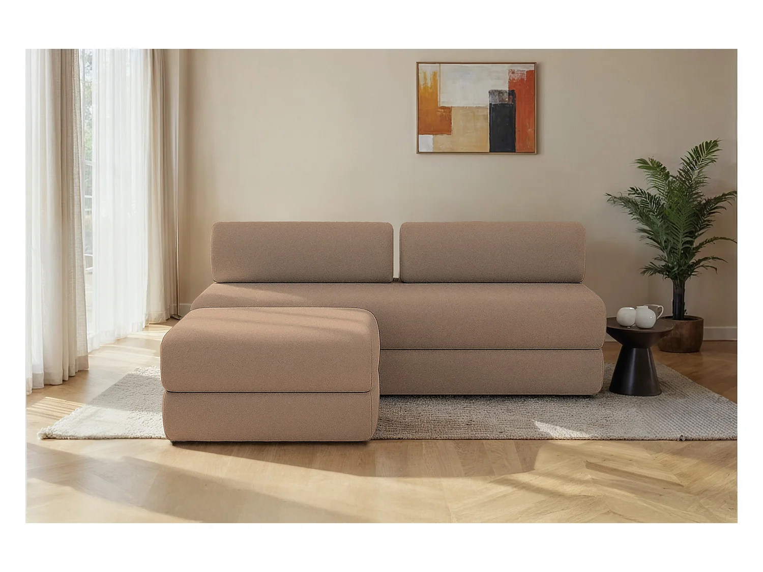 Canapé d'angle modulable et convertible 4 places - Tissu lisse - Marron