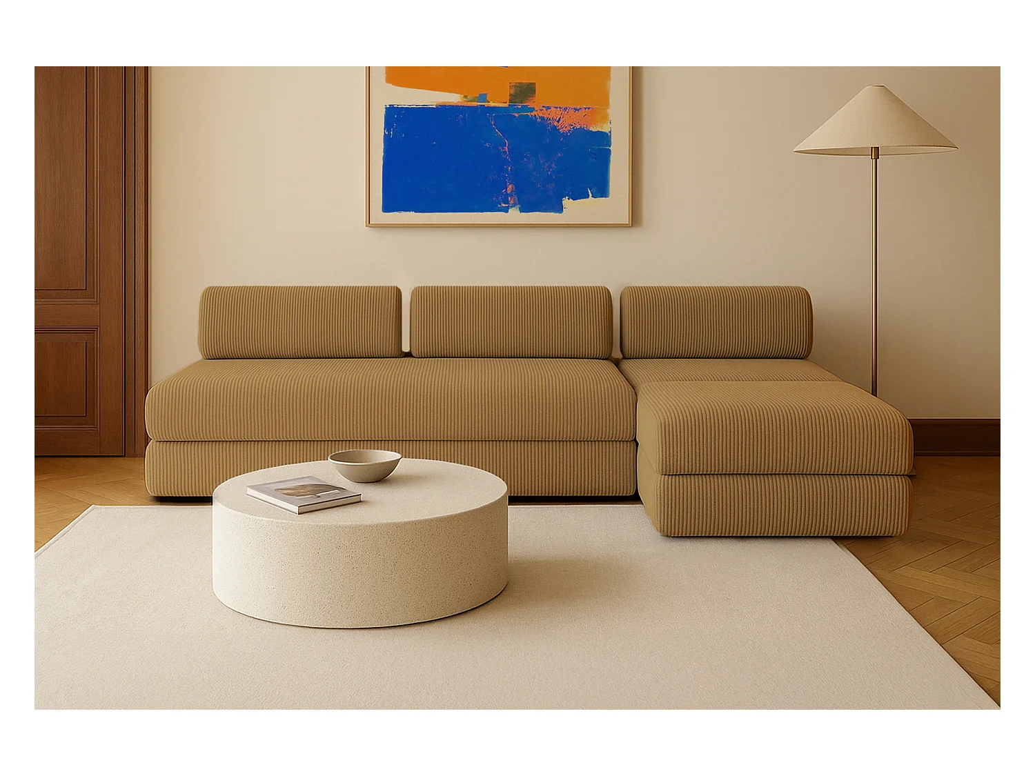 Canapé d'angle modulable et convertible 6 places - Velours côtelé - Jaune