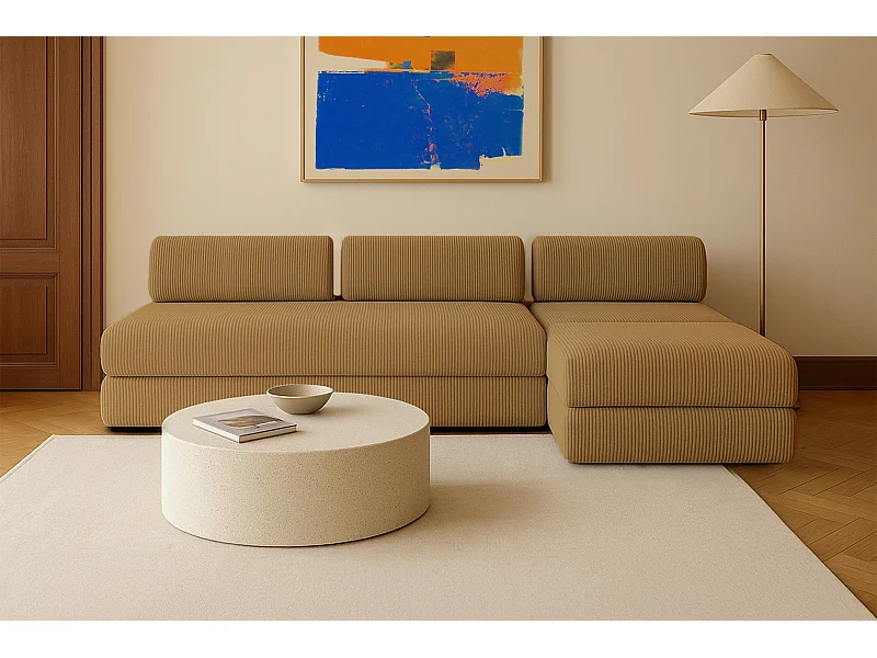 Canapé d'angle modulable et convertible 6 places - Velours côtelé - Jaune