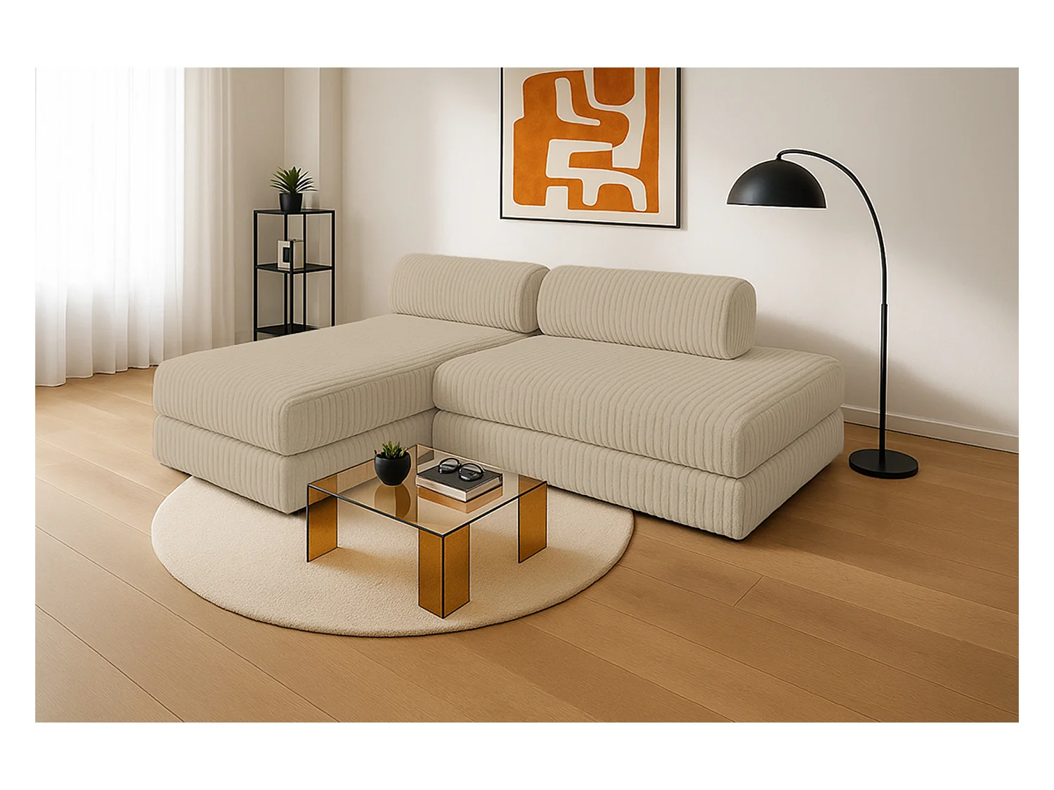 Canapé d'angle modulable et convertible 5 places - Velours côtelé XL - Taupe