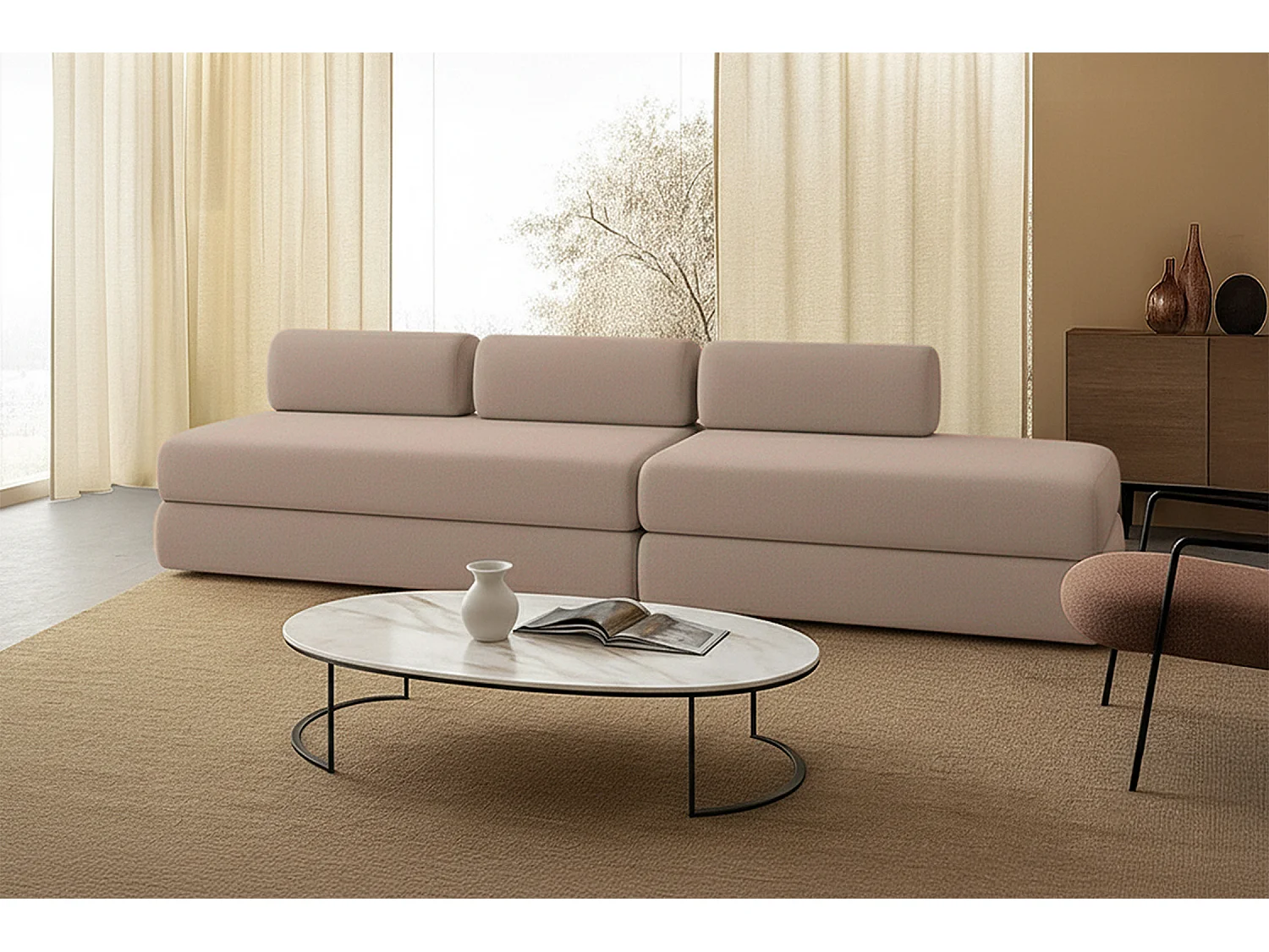 Canapé droit modulable et convertible 5 places - Tissu lisse - Marron