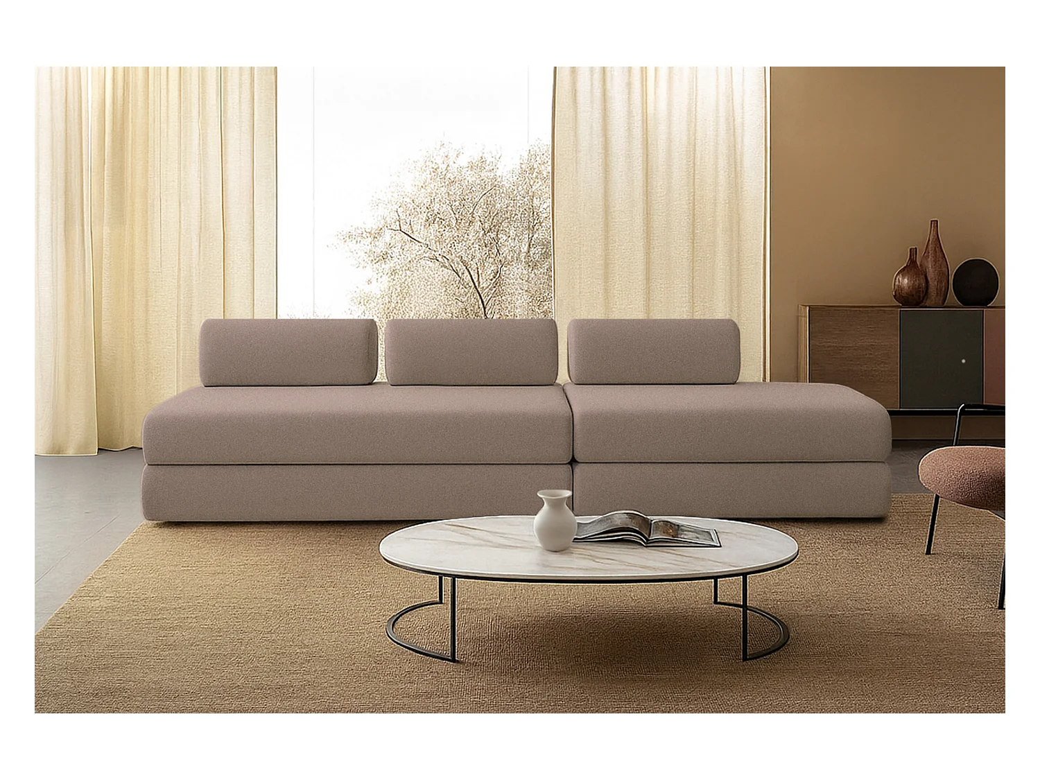 Canapé droit modulable et convertible 5 places - Tissu lisse - Marron