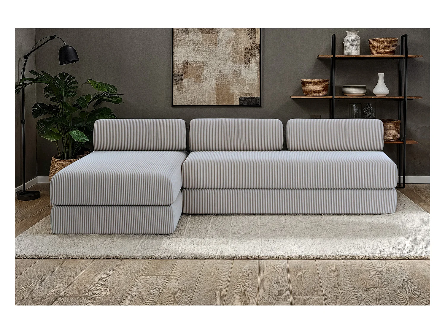 Canapé d'angle modulable et convertible 6 places - Velours côtelé - Gris clair