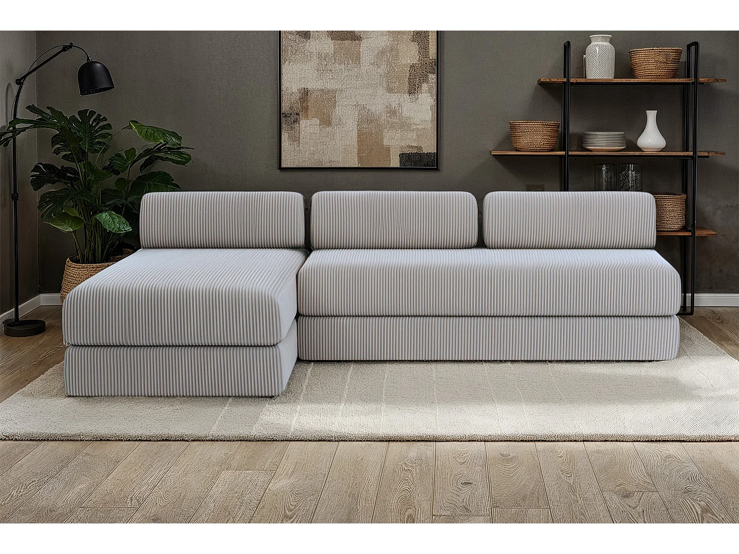 Canapé d'angle modulable et convertible 6 places - Velours côtelé - Gris clair