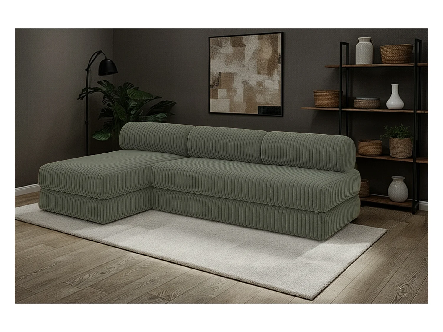 Canapé d'angle modulable et convertible 6 places - Velours côtelé XL - Vert