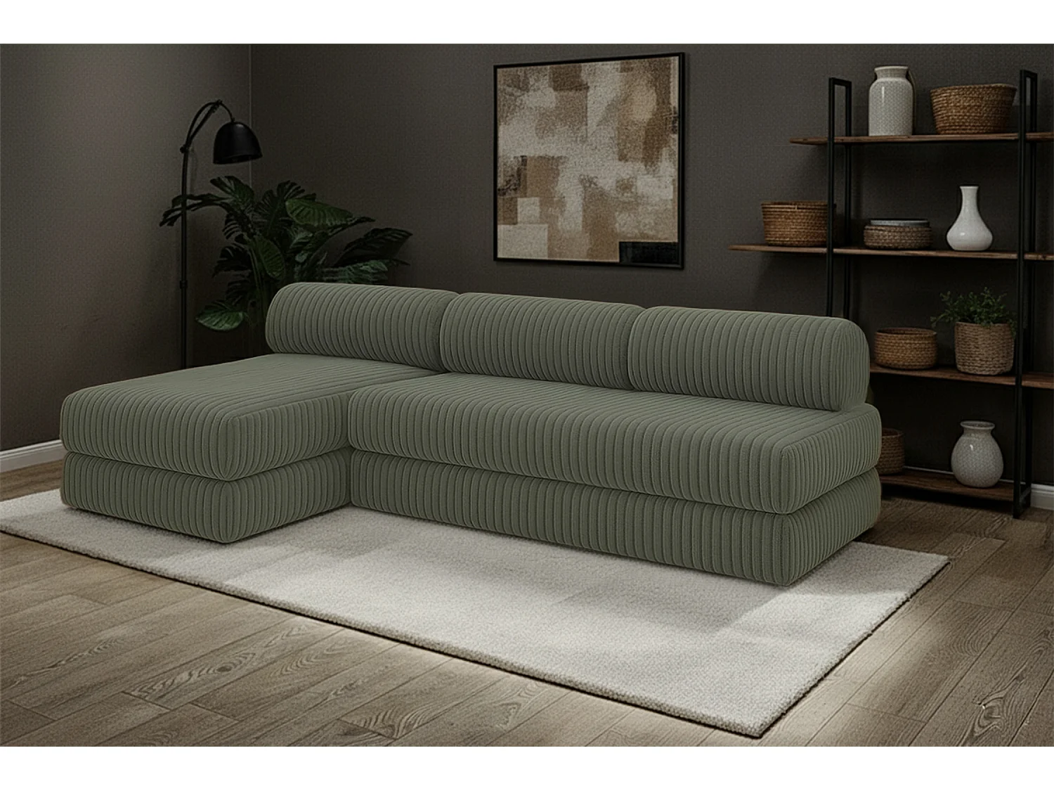 Canapé d'angle modulable et convertible 6 places - Velours côtelé XL - Vert