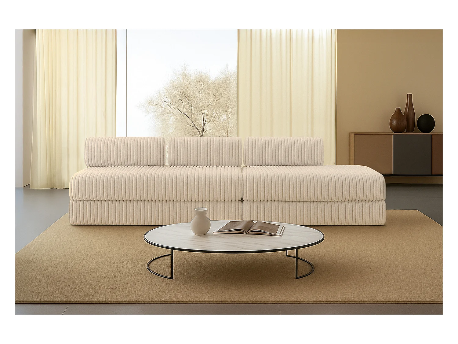 Canapé droit modulable et convertible 5 places - Velours côtelé XL - Beige