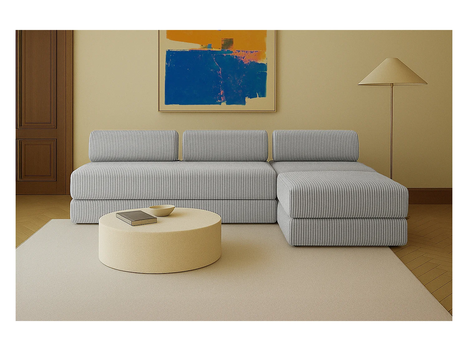 Canapé d'angle modulable et convertible 6 places - Velours côtelé XL - Gris clair