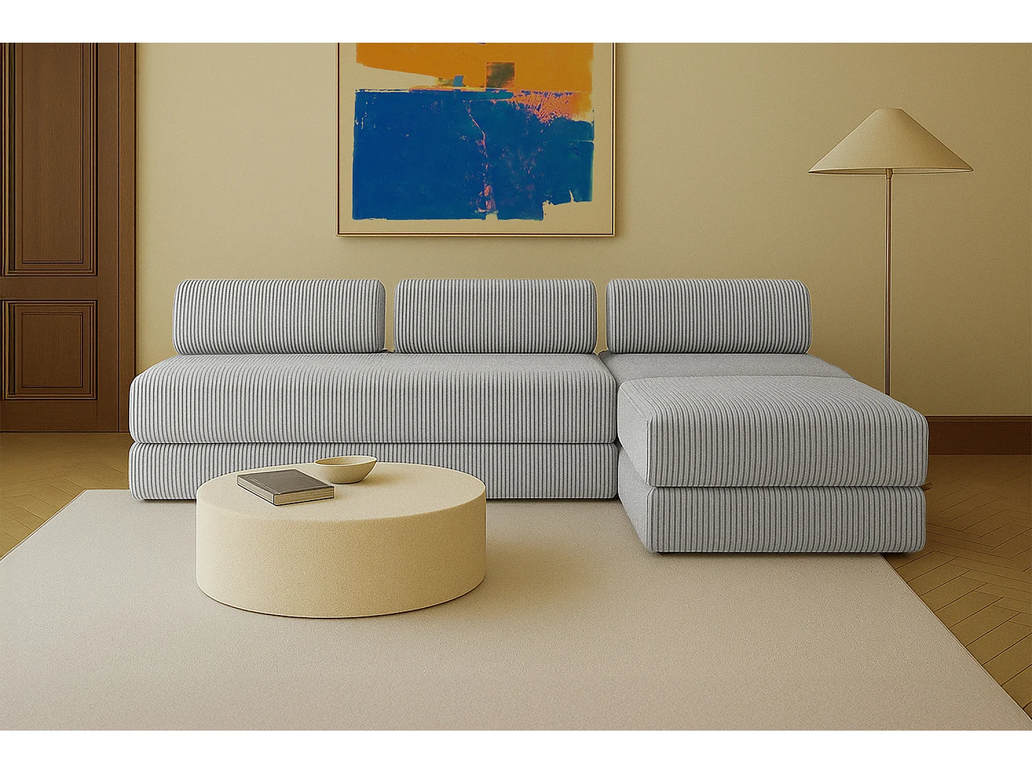 Canapé d'angle modulable et convertible 6 places - Velours côtelé XL - Gris clair