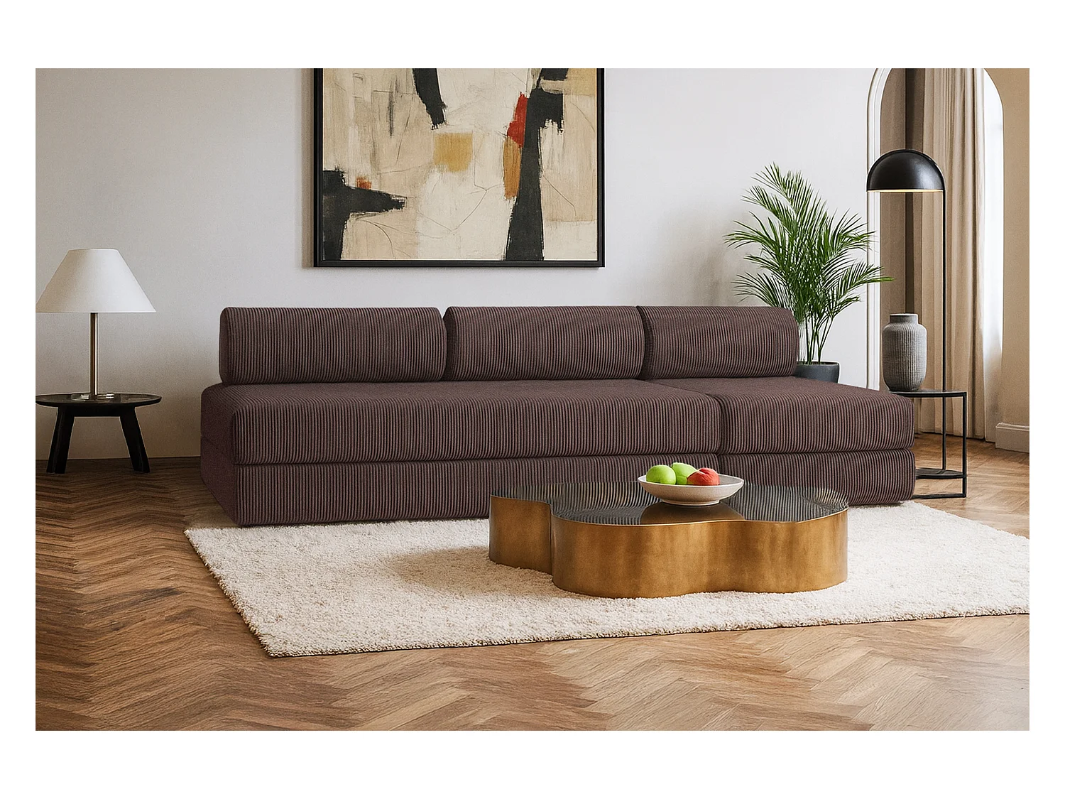 Canapé droit modulable et convertible 4 places - Velours côtelé - Marron