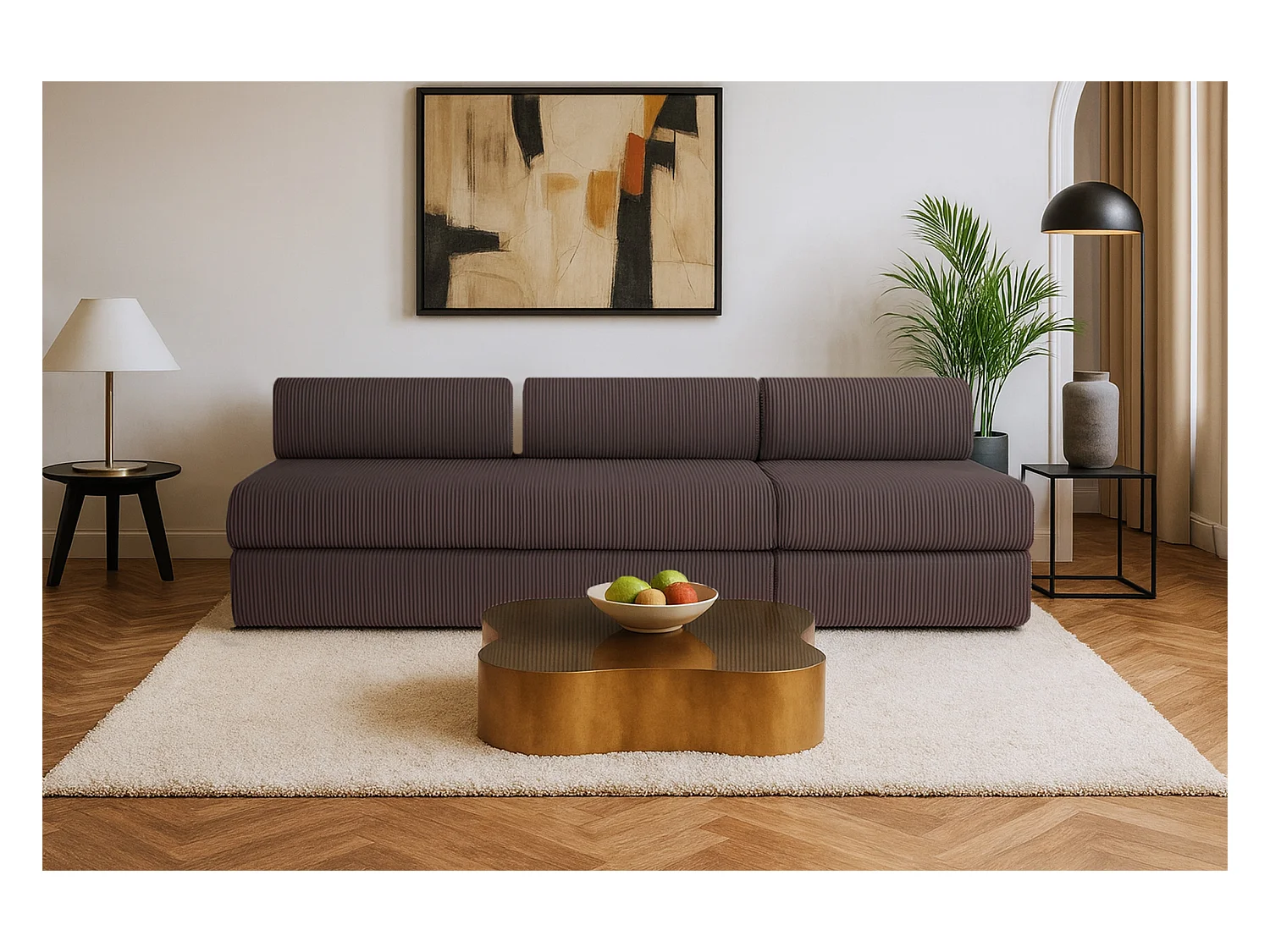 Canapé droit modulable et convertible 4 places - Velours côtelé - Marron