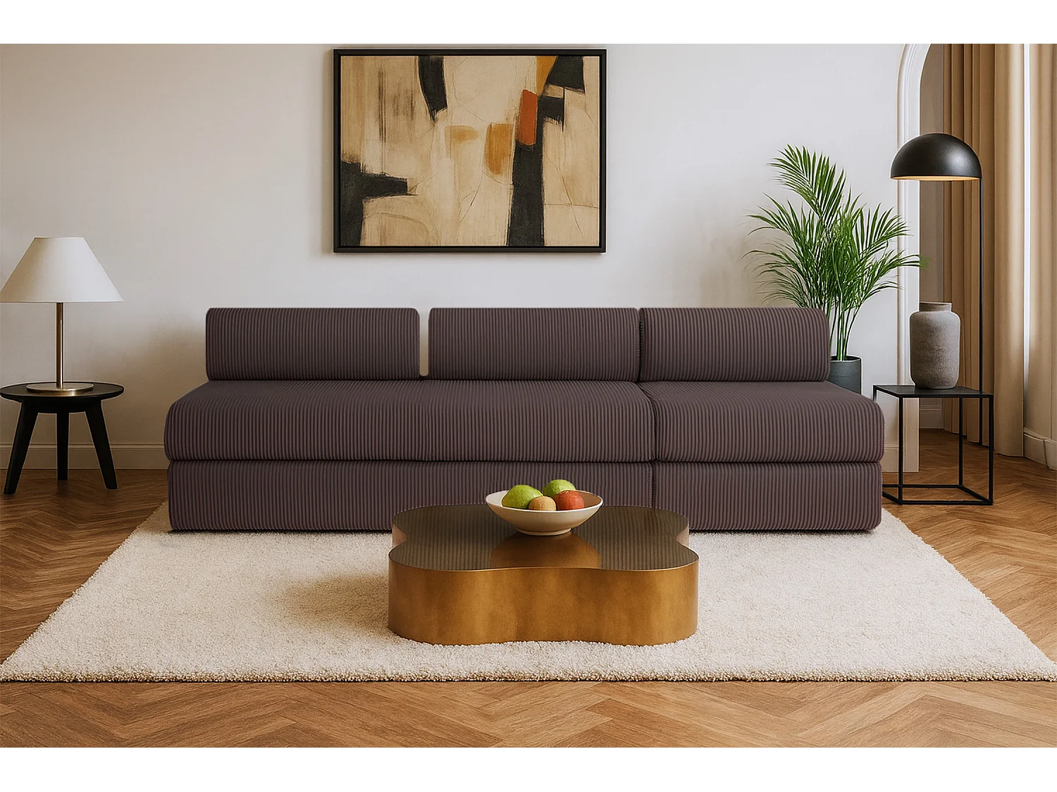 Canapé droit modulable et convertible 4 places - Velours côtelé - Marron