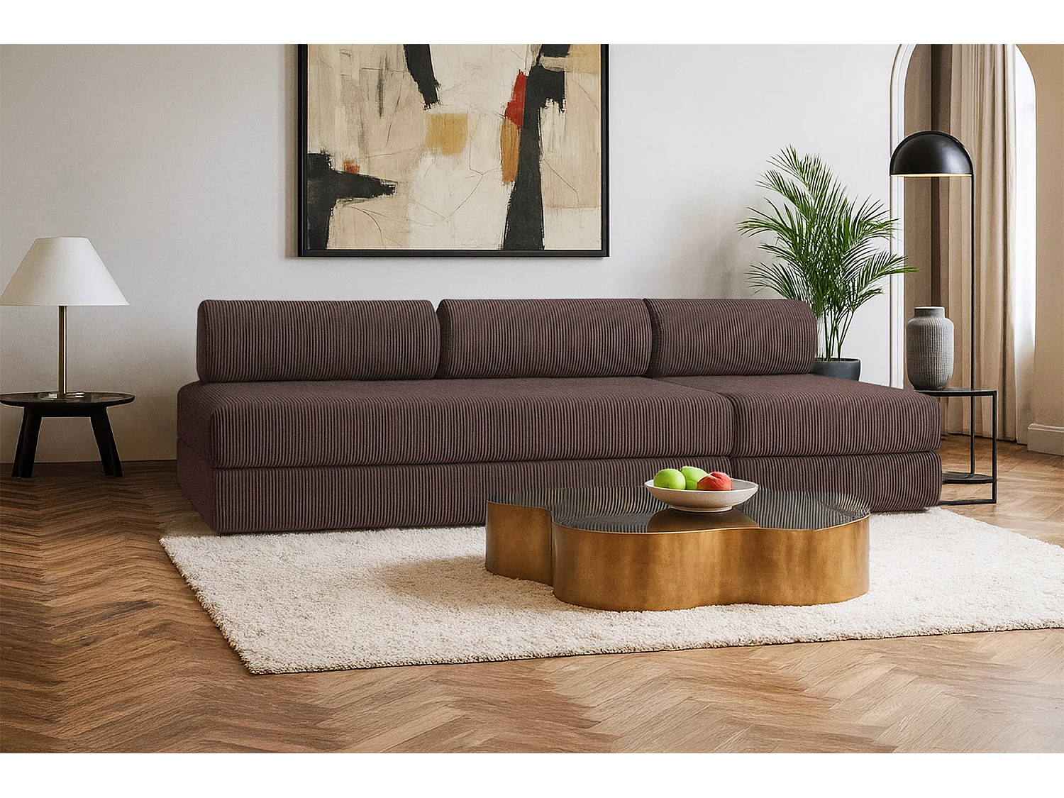 Canapé droit modulable et convertible 4 places - Velours côtelé - Marron